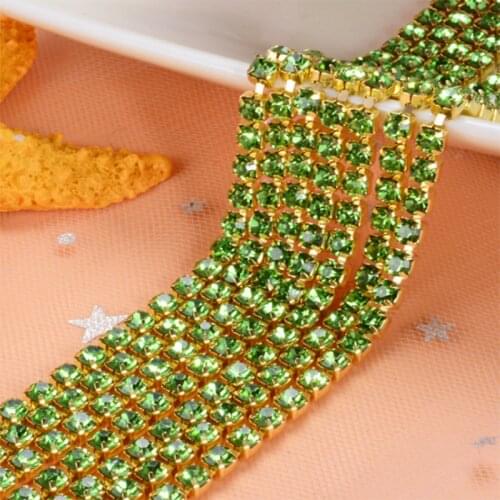 Light green 10Yards DIY Rhinestone Chain Dense gold bottom sewing Rhinestones for clothing Art Decoration