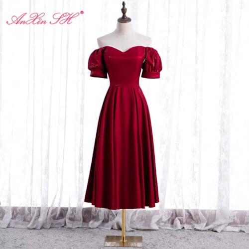 AnXin SH princess wine red satin evening dress vintage party boat neck short sleeve a line bride lace up host evening dress