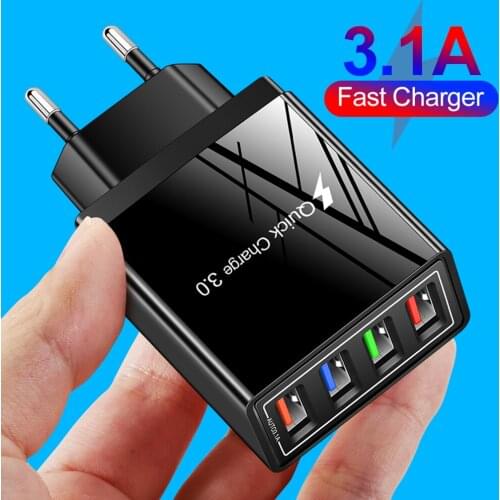 5V 3A USB Charger Fast Charging Charge QC 3.0 Quick Charger 4 Ports LED Light Mobile Phone Charge Adapter EU Plug Accessories