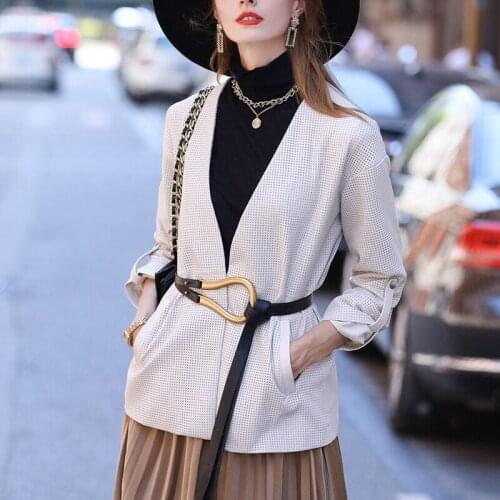 Natural Leather Women Lambskin Leather V-neck Jacket Long Sleeves 100% Sheepskin Leather Coat H915