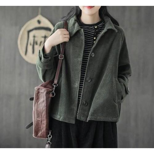 New Arrival Arts Style Spring Autumn Women Long Sleeve Loose Coats Cotton Corduroy Retro Turn-down Collar Casual Jackets