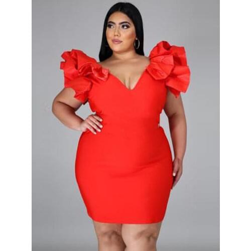 Women Bodycon Party Dresses V Neck Sexy Ruffles Plus Size 4XL 5XL Red Hig Waist Mini Cocktail Evening Party Robes for Ladies New