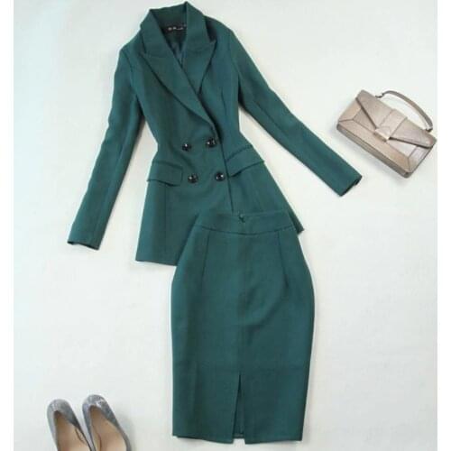 Two pieces set fashion women suits slim work wear office ladies long sleeve double breasted blazer skirt suits