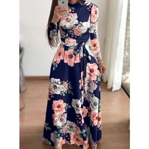 Women maxi Sleeve Dress Boho Floral 2019 Autumn New Print Casual Long Sleeve Long Dress Bandage Elegant Dresses Female Vestido