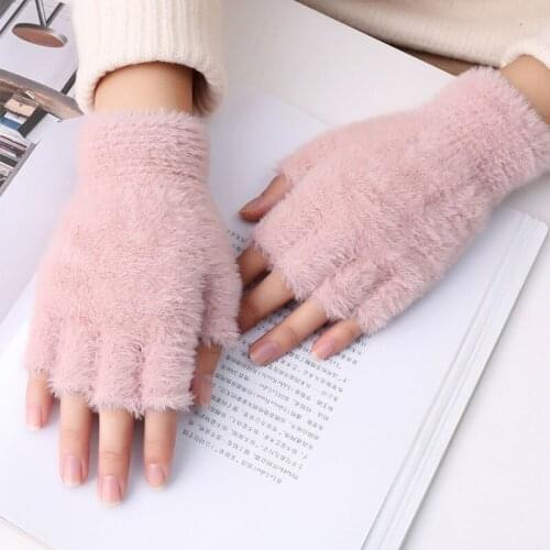 1 Pair Womens Winter Warm Touch Screen Half Finger Imitation Mink Velvet Gloves Winter Plush Glove Women Girls
