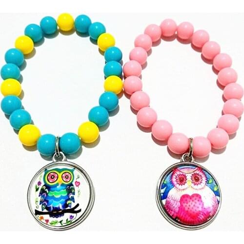 24pcs/lot Owl Pink Rose Blue Beads glass bracelets Leather Cartoon hand chain for girls Bangle best gift