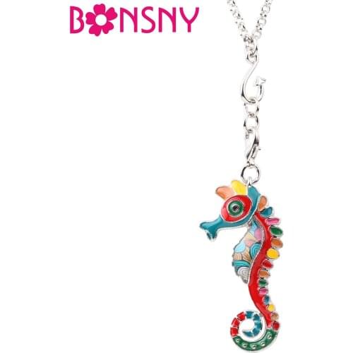 Bonsny Enamel Alloy Ocean Animal Hippocampus Necklace Pendant Chain Choker Hot Charm Novelty Jewelry For Women Girls Teens Gift