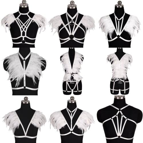 Full Body Feather White Harness bra Strap Top Plus Size Shoulder Epaulets Set Open Cage Chest Sexy Garter Belt Dance clothing