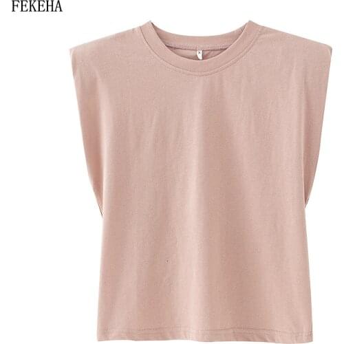 Summer T-Shirt Women Shoulder Padded O-Neck Sleeveless Solid Cotton Female T Shirt 2020 New Casual Loose Ladies Top Tees