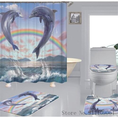 Marine Animal Creative 3D Print Shower Curtain Waterproof and Mildew Proof Bathroom Partition Curtains Non-slip Bath Toilet Mat