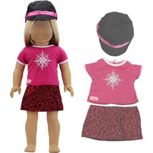 Handmade Dolls Outfit Pink Snowflake Pattern Shirt Jockey Cap Leopard Skirt Clothes Accessories for 18 inch Girl Doll Toy