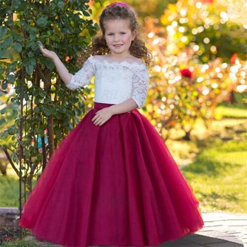 New Flower Girls Dress Wedding Party Princess Dress Casual Kids Clothes Lace Long Sleeves Dress Childrens Vestidos For 2-14T