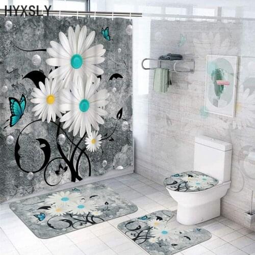 Single Shower Curtain 3-4pcs Set Home Textile Hanging Screen with Hooks Lid Toilet Cover and Bathroom Floor Mat Polyester Fabric