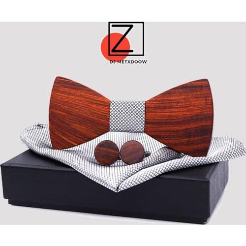 Dropshipping wedding gifts for groosmen square scarf cufflinks vogue shirt luxury grid red sandal wood bow tie set with case