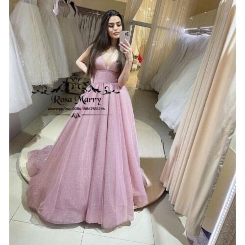 Pink Sequined Girls Pageant Prom Dresses 2021 A Line V Neck Vestido De Fiesta De Boda Plus SIze Formal Evening Party Gowns