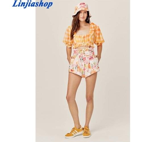 Floral print shorts women with belt zipper high waist casual shorts mujer fashion summer short femme vestidos