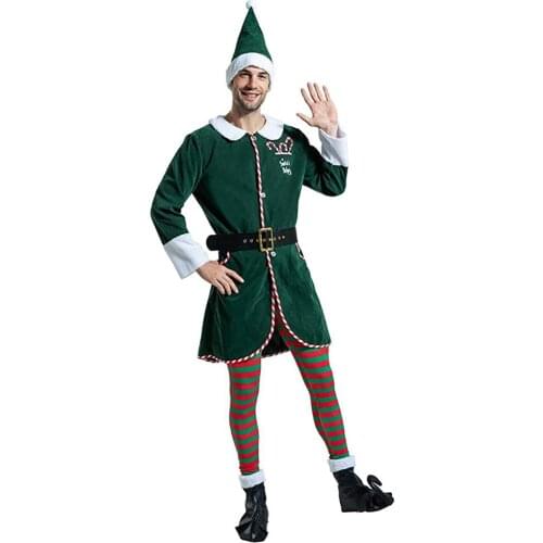 Snailify Deluxe Adult Christmas Elf Costume Men Santa Claus Helper Workshop Elf Suit Green Outfit Top Legging Hat Boots