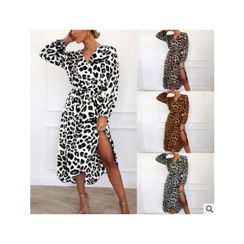 Autumn And Winter Womens New Dresses Fashion Leopard V Neck Lace Up Wrap Dress Ladies Long Sleeve dress Evening Party Midi dress