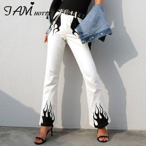 Vintage Flame Print Harajuku y2k Flared Pants Women White Baggy High-waisted Streetwear Korean Fashion Goth Sweatpants Iamhotty