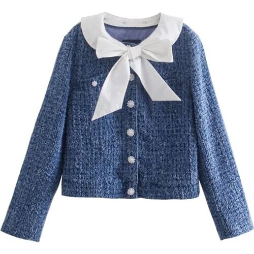 2021 New Women Fashion With Bow Tied Faux Pearl Buttons Jacket Coat Vintage Long Sleeve Female Outerwear Chic Tops