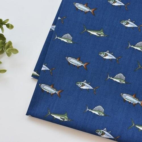 1meter 100% cotton Swordfish navy blue printing fabric for Childrens skirt dress DIY Summer clothes bag handwork fabric art XMT