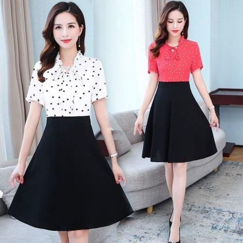 2021 Summer Women 2 Colors New Bowknot Wave Point Patchwork V-neck Vintage Elegant Temperament Party Cocktail Dresses 7130