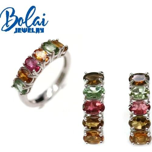 Bolaijewelry 2021 New Natural tourmaline oval 3*5mm ring earrings set simple light luxury women daily wear boutique jewelry