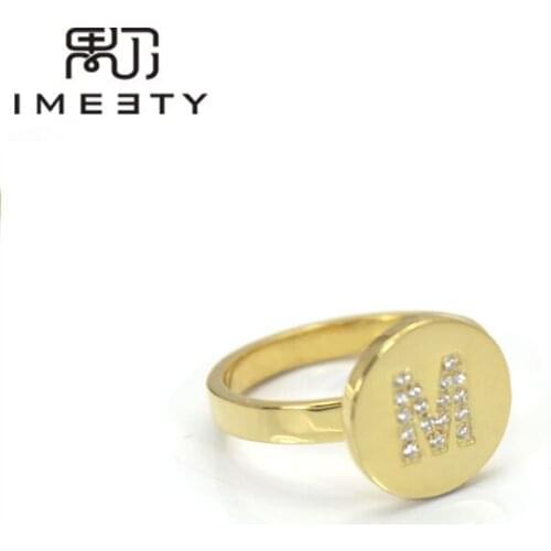 IMEETY custom jewelry ring initial nameplate engraved pendant ring zirconia stones handmade personalized mini disc ring