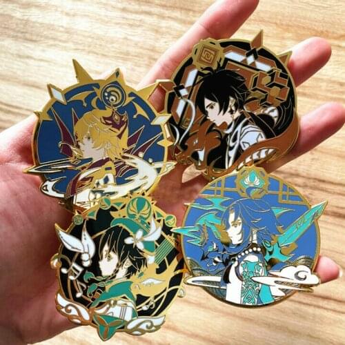 Handmade Genshin Impact Metal Badge Zhongli Venti Keqing Cosplay Props Button Brooch Pins Collection Medal Costume Souvenir Gift
