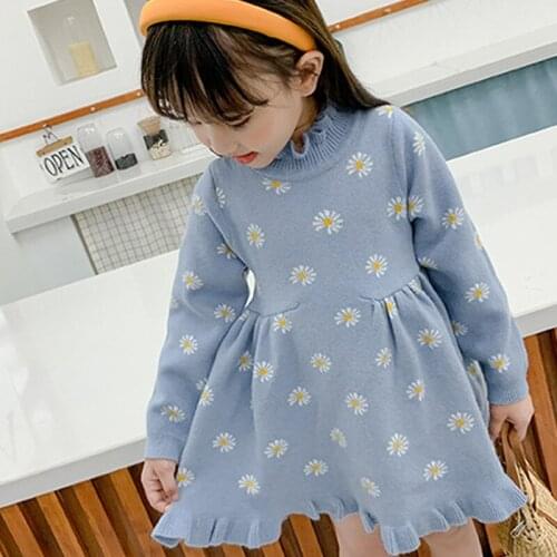 Fall Winter Girls Sweater Dress New Sweet Long Sleeve Floarl Printed Princess Knitted Dress Kids Clothes Warm Chlidren Dress