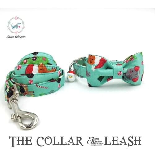 The Green Merry Christams Dog collar and Leash Set with Bow Tie Cotton Dog & Cat Necklace for Pet Christmas Gift