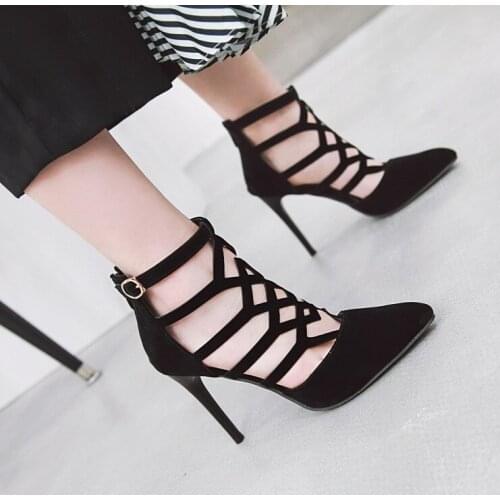 Big Size high heels sandals women shoes woman summer Womens Shoes with Spiked Hollow Fine Heel and Back Zipper