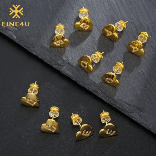 FINE4U E306 Tiny Heart Initial Stud Earrings Cubic Zirconia Letter Alphabet Earrings for Women Girls Kids Sensitive Ears