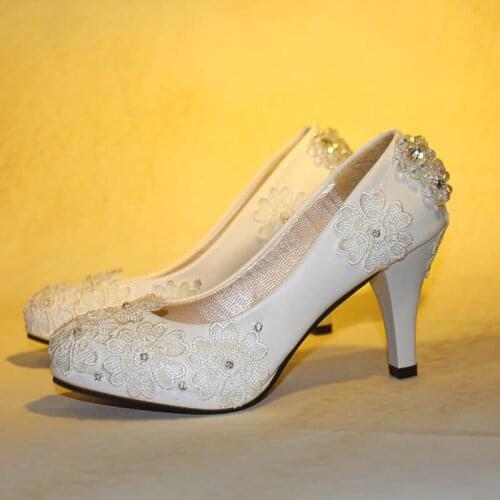 Bridal party wedding shoes Ivory color high heeled milk white luxury rhinestones handmade lace flower wedding shoe
