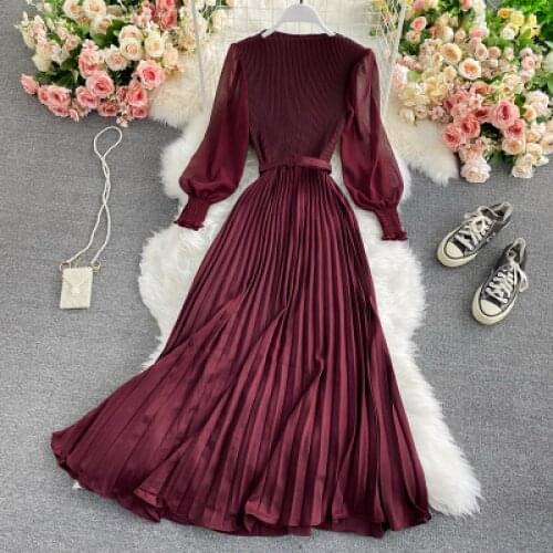 Wavsiyier Long Lantern Sleeve Party Elegant Dresses Women Maxi Dress 2021 High Waist Vintage Spring Patchwork Lace Wine Red Robe
