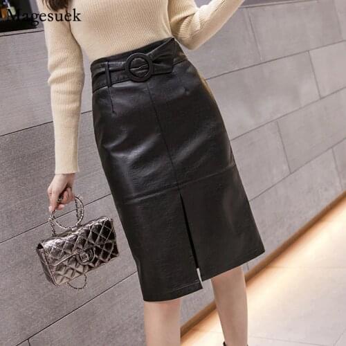 Fashion Autumn Winter Sexy Leather Skirt Women High Waist A-line Midi Ladies Skirts Split Bag Hip PU Leather Black Skirt 12129