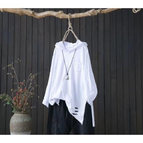 AECU 2021 Cotton Hooded T-Shirt Womens Summer New Loose Cotton Short-Sleeved Artistic Ripped Casual Top