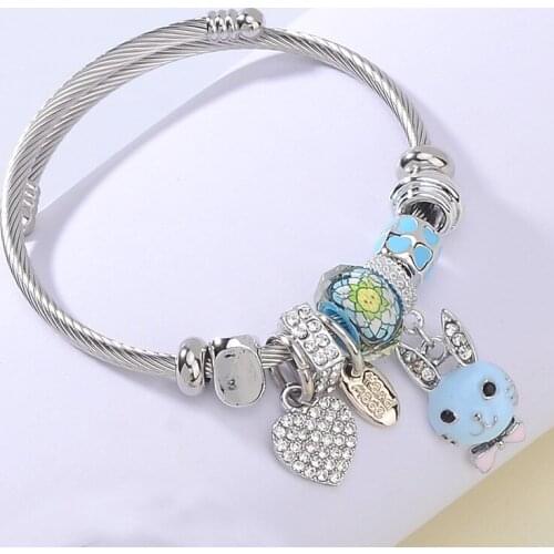 Cute Animal Rabbit Stainless Steel Cuff Bangles For Women Jewelry Fashion Rhinestone Heart Love Charms Bracelets Wristband 2019
