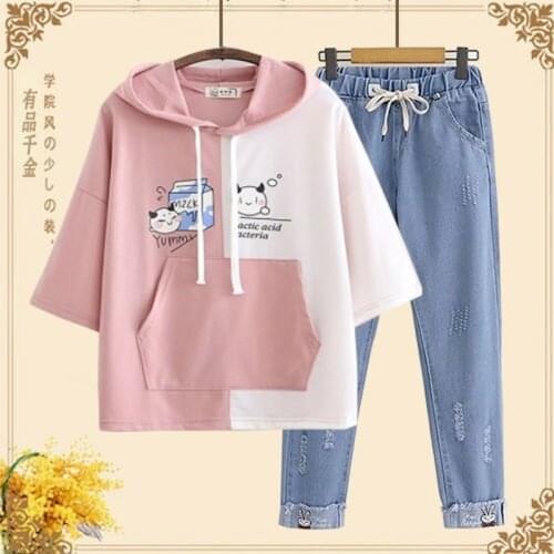 Womens Pants Suit Loose Womens Sweater Summer Hooded Short-sleeved T-shirt Suit Women 2 Pieces Ladies Summer Suit