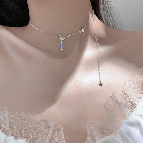 Korean Blue Gradient Butterfly Necklace for Women Silver Color Butterfly Pendant Choker Necklaces Jewelry Gift