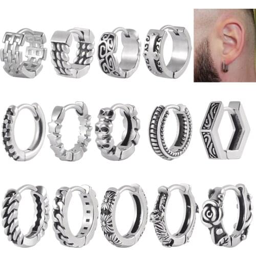1Pair Gothic Punk Stainless Steel Hoop Earrings Hip Hop Rock Biker Round Earring Women Man Vintage Ear Clip Piercing Jewelry