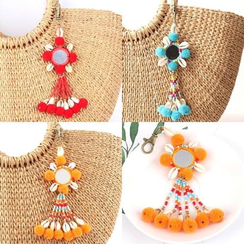 1Pc Boho Ethnic Colorful Bead Hairball Shell Pendant Keychain Trend Joker Bag Car Drop Hanging Women Keyring E2278/E2709/E2722