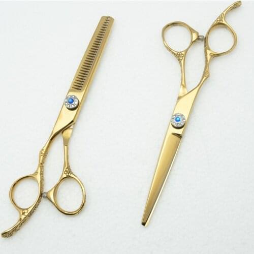 2Pcs Left Hand 6 inch Customized Logo Golden Professional Human Hair Scissors Hairdressing Scissors Cutting Shears + Thinning