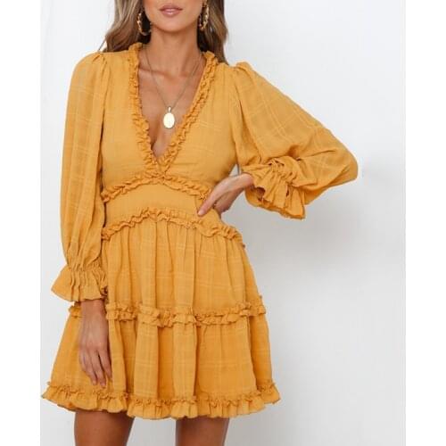 Africa Dresses for Women Autumn Elegant Ruffles Dress Women Sexy Halter V-neck Long-sleeved Waist Puff Sleeve Dresses Dashiki