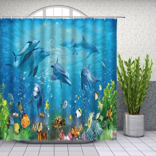 Dolphin Shower Curtains Ocean Animal Underwater World Turtle and Fish Bathroom Decor Waterproof Polyester Cloth Curtain Set