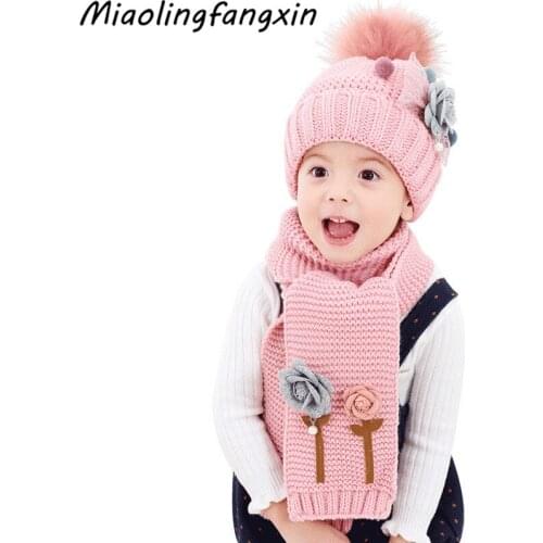 Childrens hat and scarf set autumn winter cute flowers ball decorated plush kids cap neck collar suit beanies set long scarf