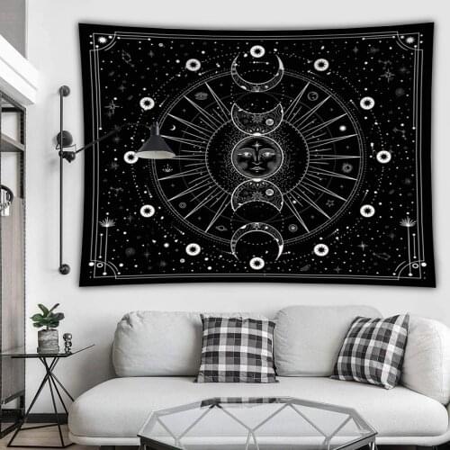 Tarot Moon phase Tapestry Starry sky Psychedelic Black And White Wall Hangings Bedroom Home Carpet Home Deco psychedelic