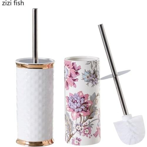 Stainless Steel Toilet Brush Set European Toilet Base Free Punch Ceramic Household Toilet Cleaning Brush toilet brush holder