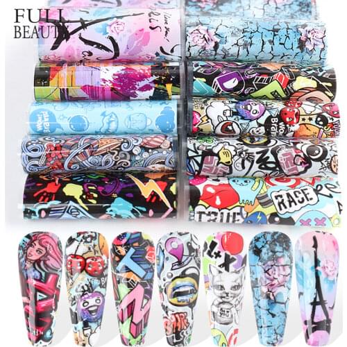10pcs Colorful Scrawl Nail Stickers Nail Art Transfer Foil Cool Painting Flower Adhesive Wraps Decal Manicure Accessories CH4122