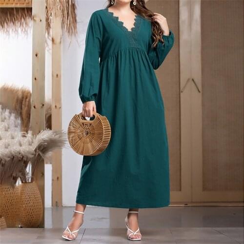 2021 Autumn Women Lace V Neck Long Sleeve Casual Dress Green High Waist Maxi Long Dresses Plus Size Women Clothing